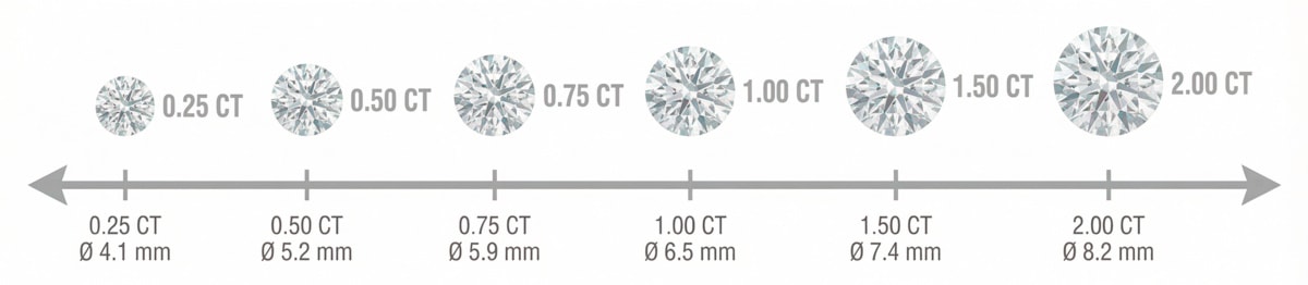 Scala visiva delle dimensioni dei diamanti per carato