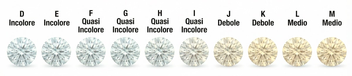 Scala colori dei diamanti da D (incolore) a M (debole colorazione)