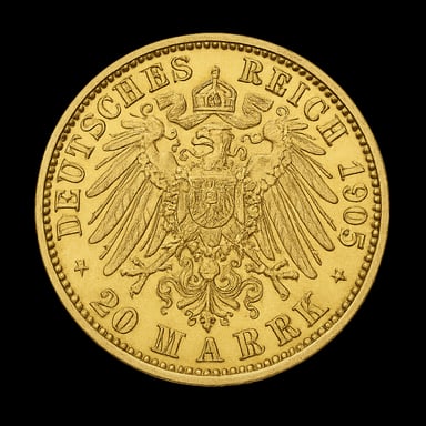 20 Marchi tedeschi imperiali moneta d'oro con aquila imperiale lato iconico