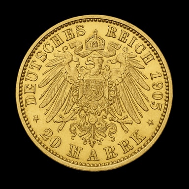 20 Marchi tedeschi imperiali moneta d'oro con aquila imperiale lato iconico