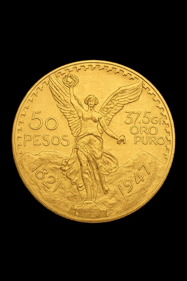 50 Pesos Centenario moneta d'oro con Vittoria alata lato iconico