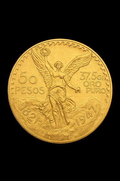 50 Pesos Centenario moneta d'oro con Vittoria alata lato iconico
