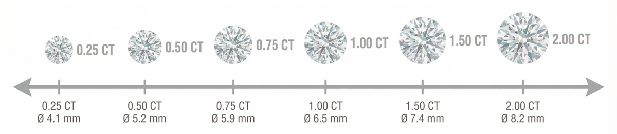 Scala visiva delle dimensioni dei diamanti per carato