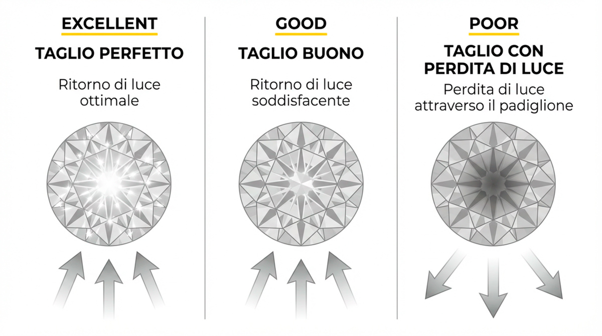 Confronto tra tagli Excellent, Good e Poor con percorso della luce