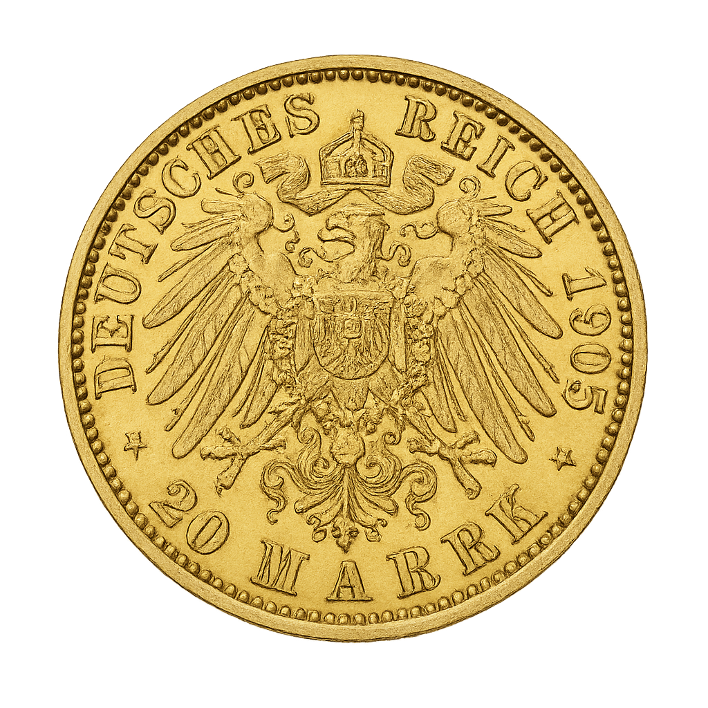 20 Marchi tedeschi imperiali moneta d'oro con aquila imperiale lato iconico